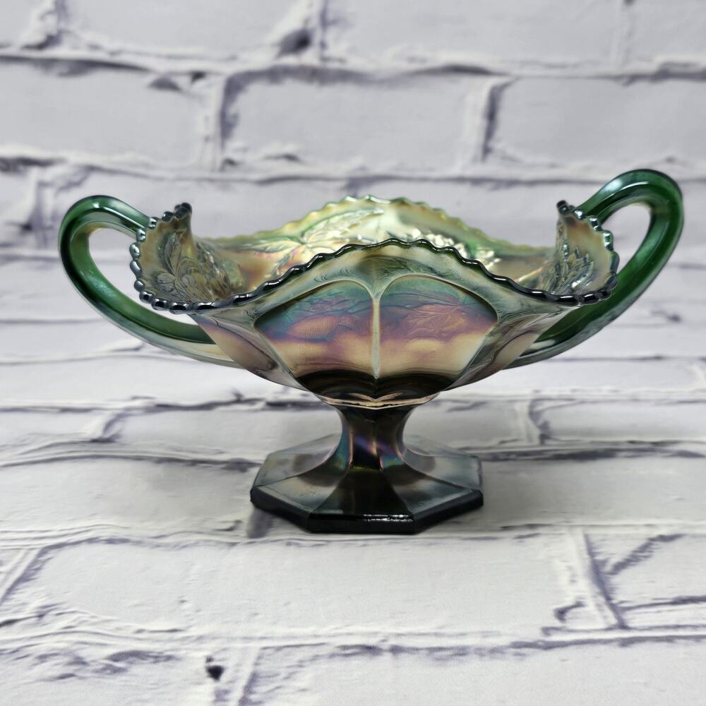 Antique Fenton Amethyst Carnival Glass Wreath of Roses Handled Compote Bon Bon